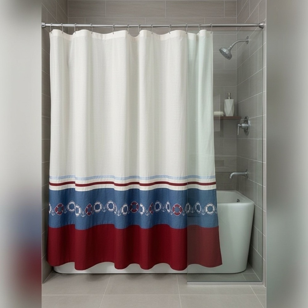 Nautical Anchor Life Preserver Shower Curtain Red Blue‎ White Fabric w/ 12 Hooks